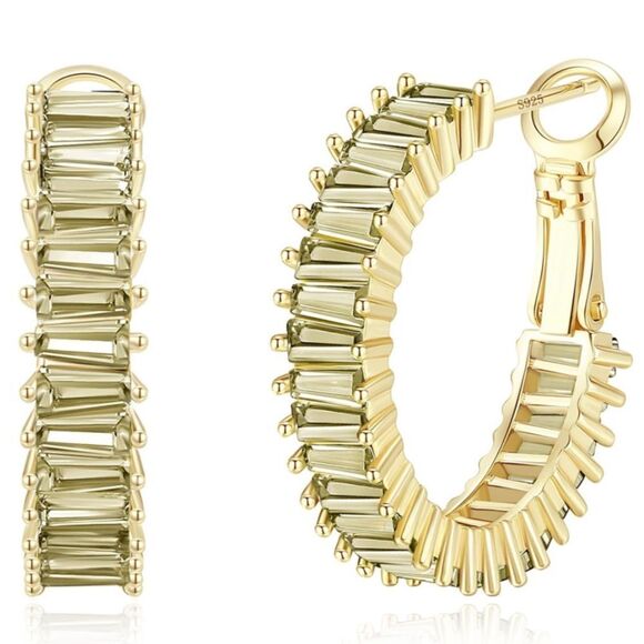 14K Yellow Gold with Green Peridot Cubic Zirconia Drop Hoop Leverback Earrings - Picture 1 of 7